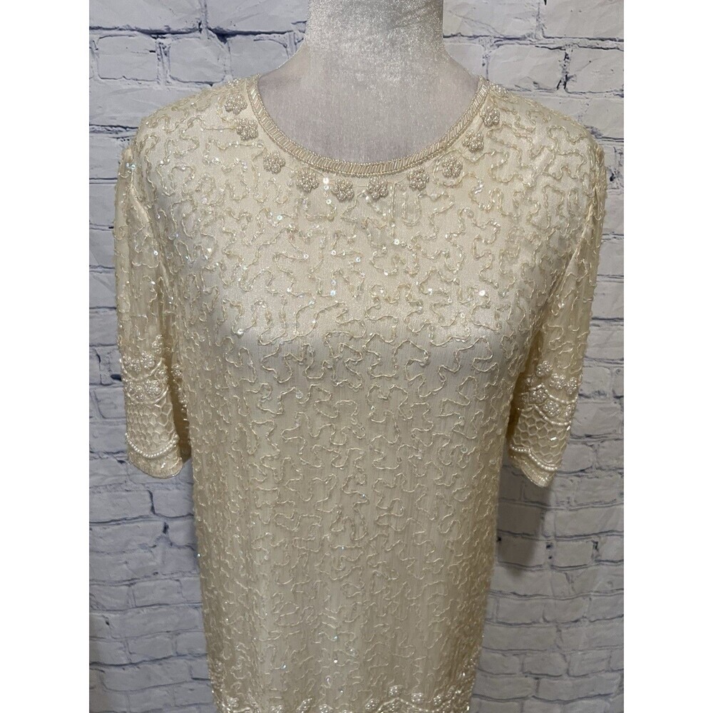 Silky Nights New York Vintage Beaded Dress 80s Silk Cocktail Formal Dress Large - Picture 1 of 13